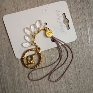 Baby Phat Gold Charm Phone Strap with Clear Crystal Drops and Mauve Cords